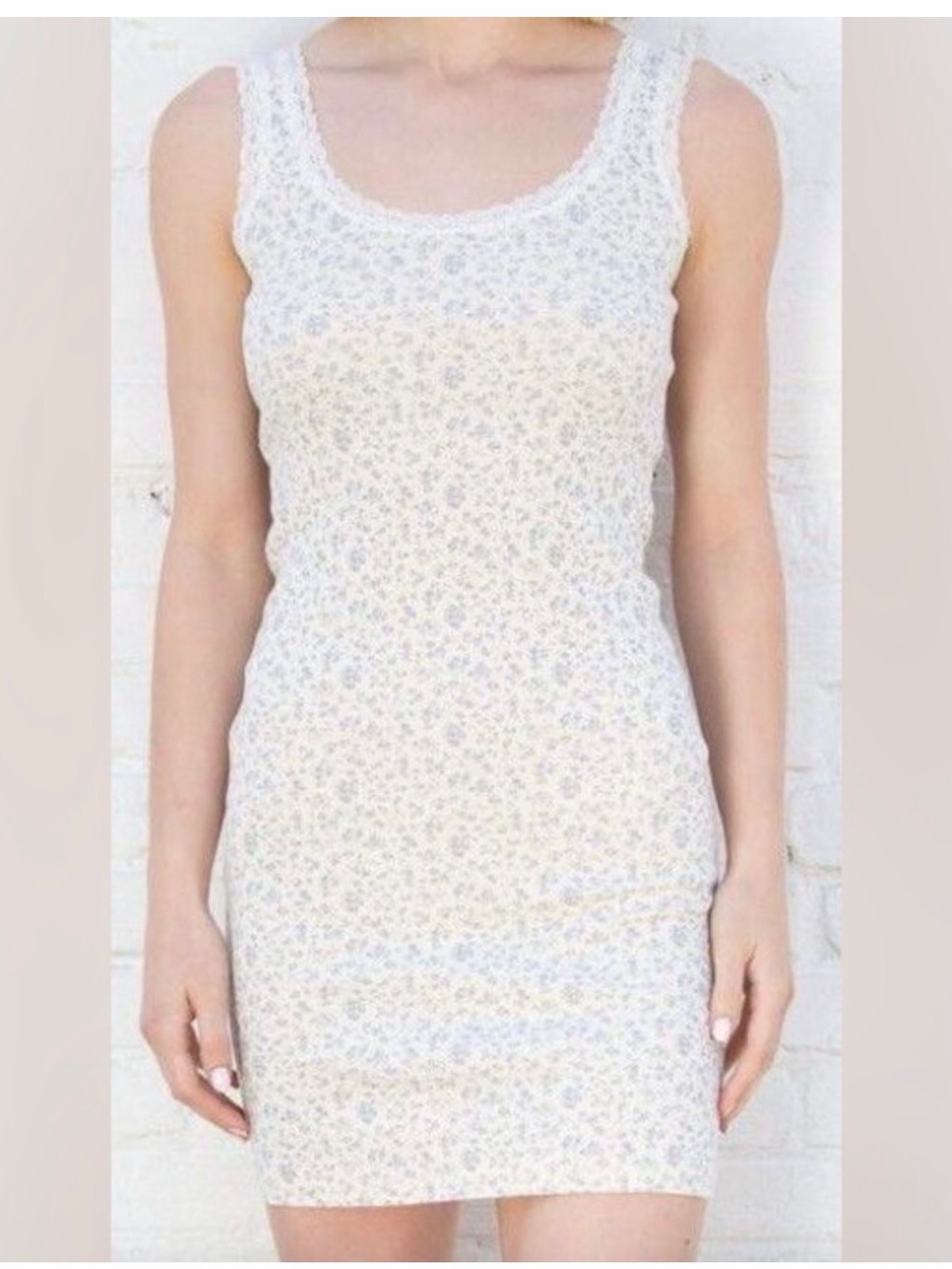 Brandy Melville White Floral Ribbed Tank Dress